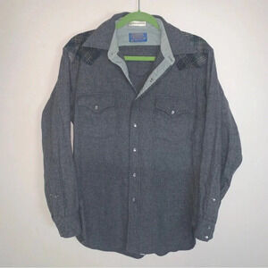 Pendleton 100% Virgin Wool Plaid Grey Long Sleeve Western Style Snap  Up Shirt M